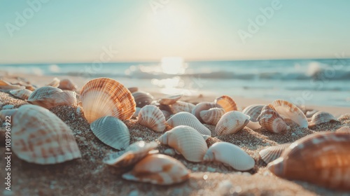 A Colorful Pile of Seashells Scattered Along the Sandy Beach Shore Under a Bright Sunlight with Gentle Ocean Waves in the Background photo