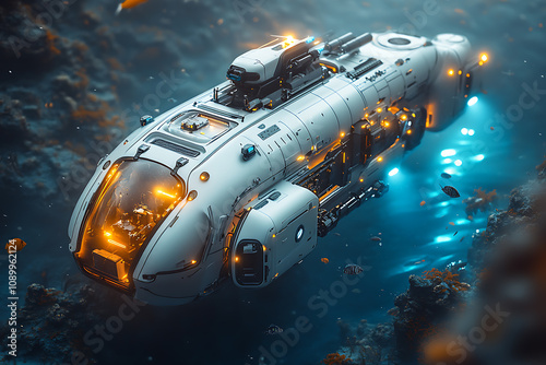 Wallpaper Mural An autonomous underwater drone collecting ocean data near coral reefs, equipped with advanced sensors and cameras, highlighting futuristic ocean exploration technology.
 Torontodigital.ca