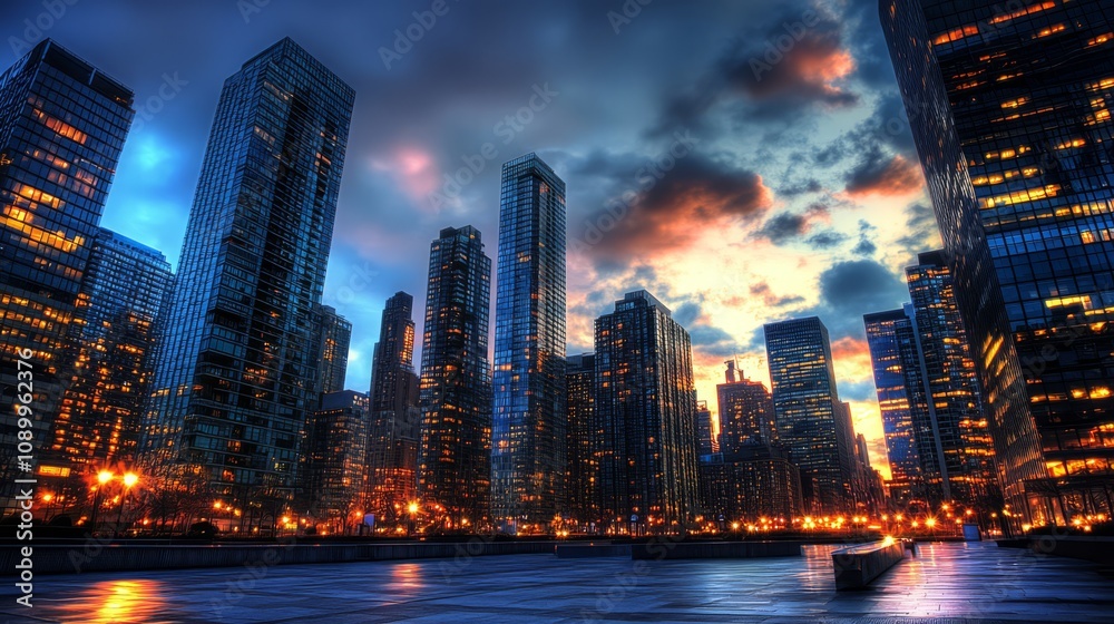 Obraz premium Dramatic sunset over city skyscrapers, reflecting in water.