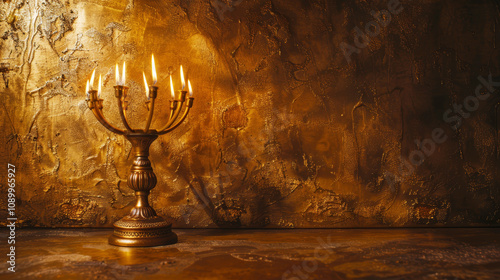 Detailed menorah against textured stone background with copy space, symbolism of Hanukkah photo