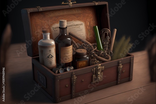 3D Illustration of an old suitcase full of various related objects photo