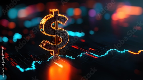 A glowing dollar sign stands against a vibrant digital background, symbolizing finance and market trends.