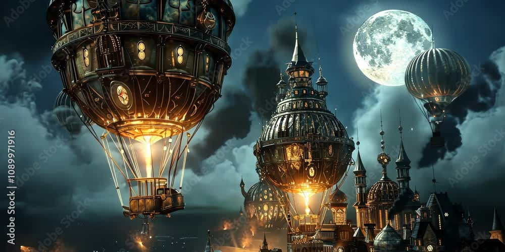Mechanical marvels of the sky, steampunk balloons glowing in the moonlit night, 4K Video