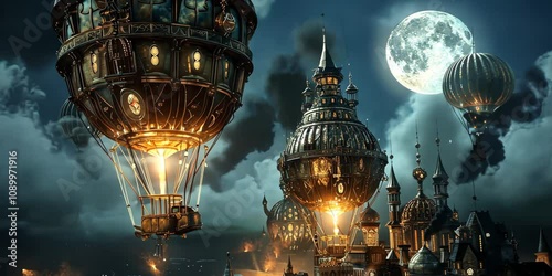 Mechanical marvels of the sky, steampunk balloons glowing in the moonlit night, 4K Video