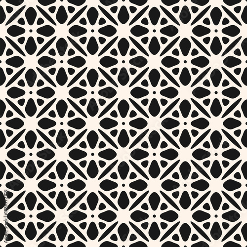 Black and white seamless pattern. Simple vector geometric floral ornament. Abstract background texture with bold flower silhouettes, leaves, lattice, rounded shapes, tiles. Elegant repeated design photo