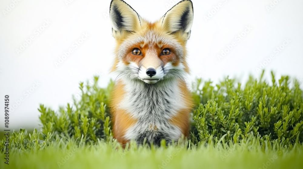 Obraz premium A close-up of a fox sitting among green foliage, showcasing its vibrant fur and curious expression.