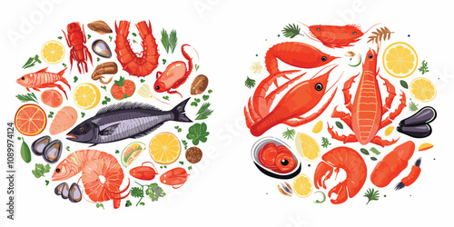 Adobe Illustrator Artwseafood, fish, fresh, restaurant, meal, food, gourmet, shrimp, ocean, delicious, menu, shellfish, sea, dinner, healthy, delicacy, background, crab, cuisine, octopus, market, lork