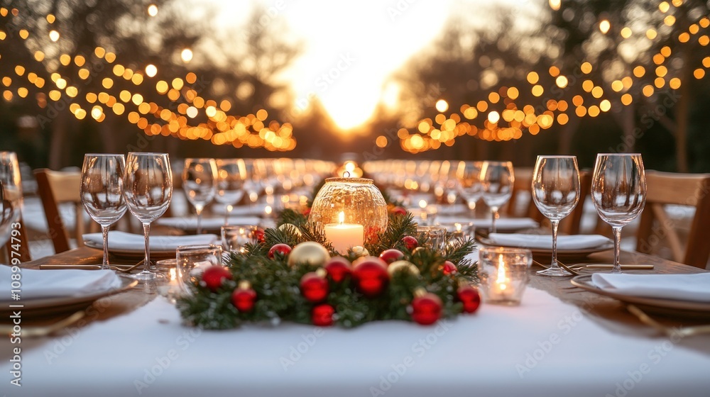 Obraz premium Festive outdoor dinner party at sunset.