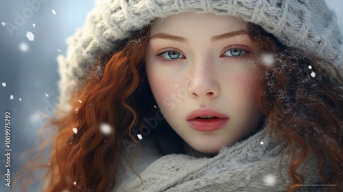 Warm Winter Wonder: Surprised Red-Haired Woman in Fuzzy Coat photo