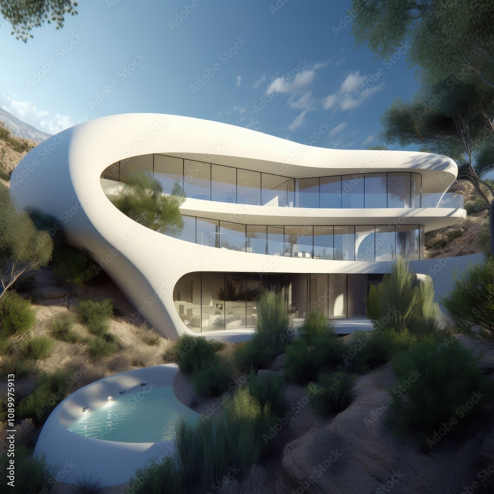 Fototapeta premium Modern Desert Home with Curved Wall & Undulating Wave Feature, Natural Light & Desert Landscape.