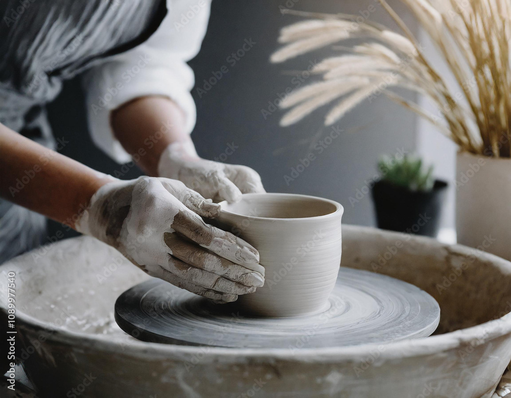 Obraz premium Ceramiczka formuje gliniane naczynie na kole garncarskim