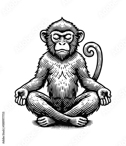monkey sitting in a meditation pose engraving black and white outline