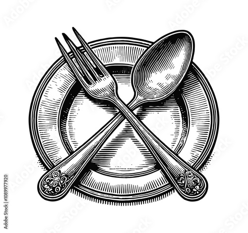 fork and spoon crossed over each other on a plate engraving black and white outline