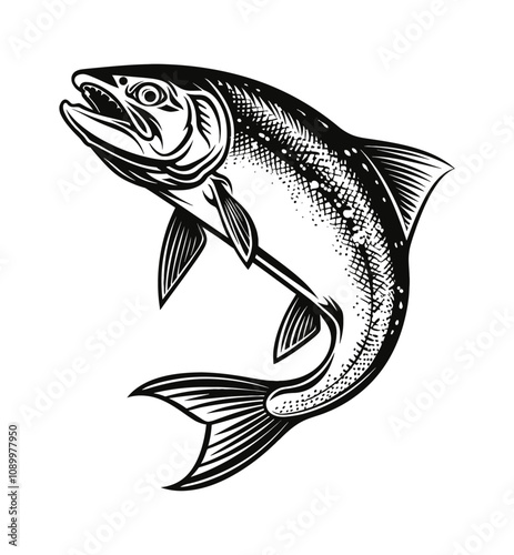 salmon fish engraving black and white outline