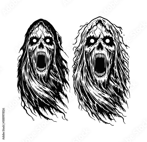 skull scream open mouth hood engraving black and white outline