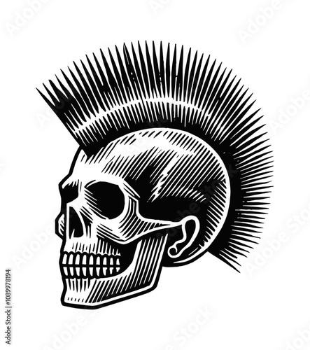 skull mohawk punk engraving black and white outline