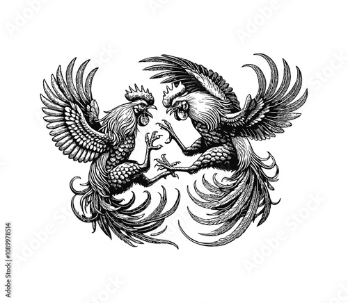 two roosters in a fight engraving black and white outline