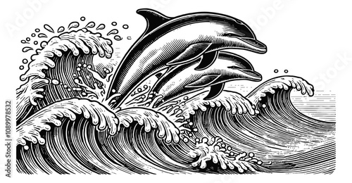 two dolphins leaping from ocean wave engraving black and white outline