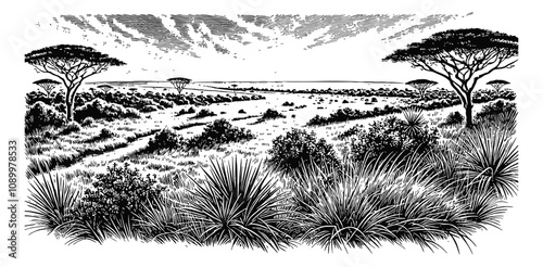African savanna field engraving black and white outline
