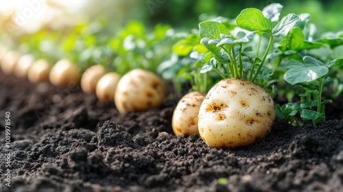 Fresh potatoes growing in rich soil.