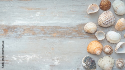 Assorted sea shells arranged on a rustic wooden surface, highlighting the beauty and diversity of marine life found at the beach photo