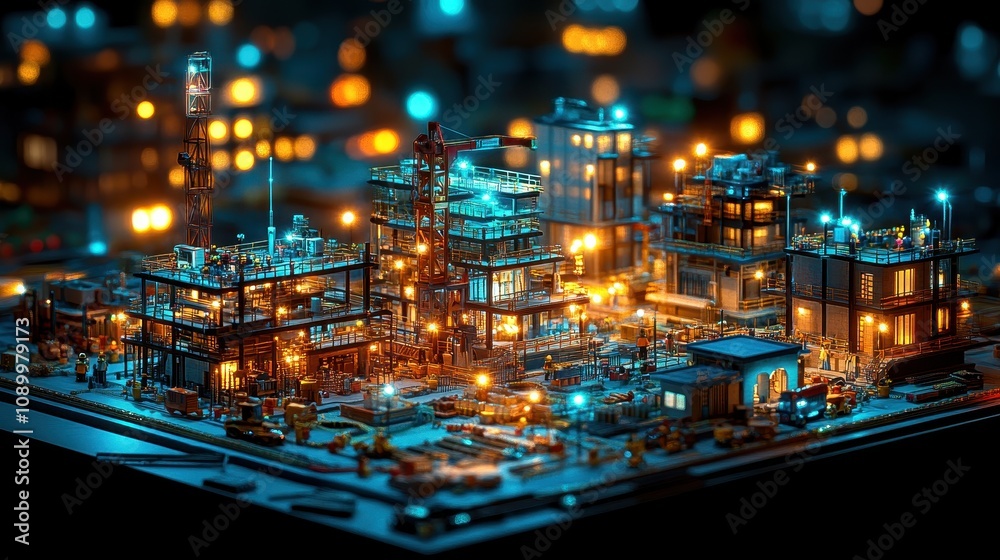 Obraz premium Hyper-realistic miniature cityscape at night showcasing vibrant lights, intricate structures, and bustling activity in a detailed industrial setting full of energy and life