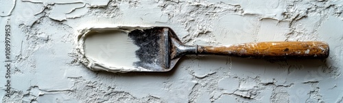 Dirty spatula on a wall with a peeling paint photo