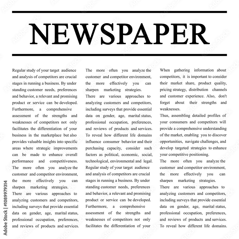 Fototapeta premium Newspaper article. Title and text on white background