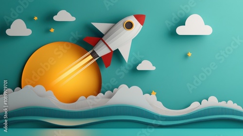 Paper Cut Style Rocket Over Sun Illustration