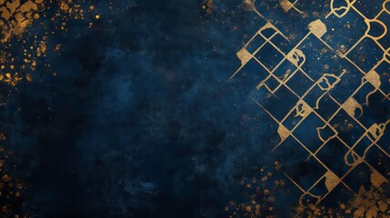 A dark blue background with a gold grid and splattered paint in the top left corner.