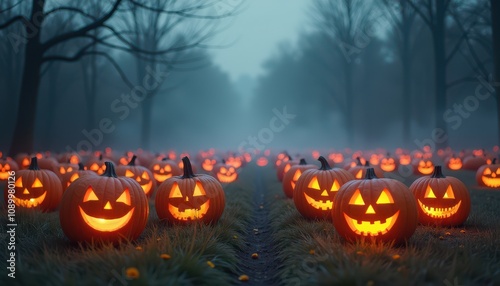 A spooky pumpkin patch with glowing pumpkins surrounded by mist and fog, with an empty area in the center for custom text or designs. photo