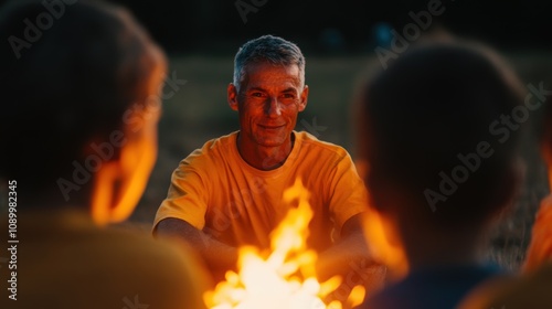 A scout leader shares stories with eager children gathered around a crackling campfire at dusk photo