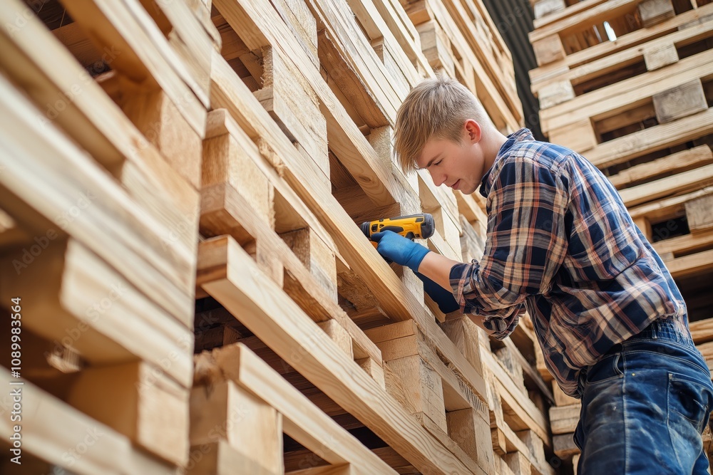 Fototapeta premium Young man assembling recycled wood shelves with a drill in natural light