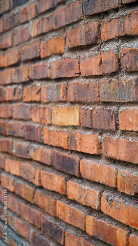 Red brick wall from the side, focus selected, blur on the far side