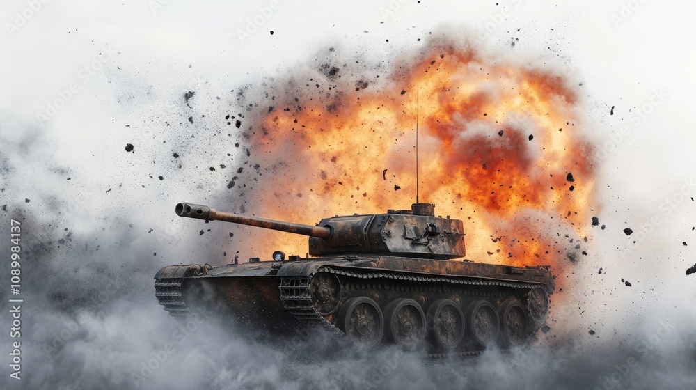 Fototapeta premium Realistic 3D render of a panzer exploding in flames and smoke