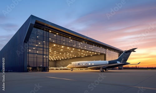 Modern aircraft hangar with private jet