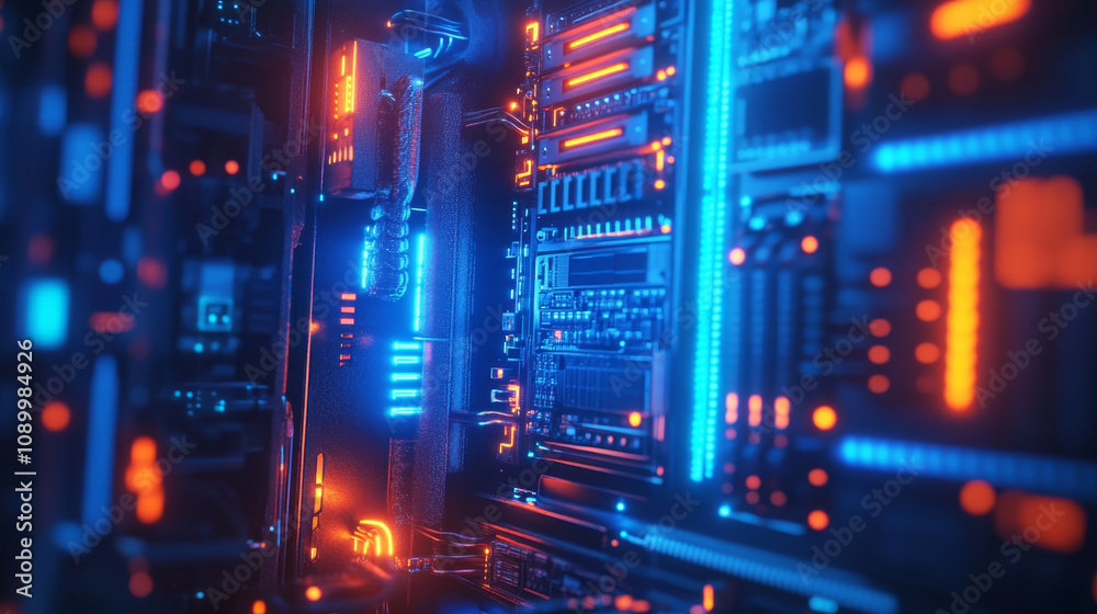 Fototapeta premium High tech data center with vibrant blue and orange glow from cables, showcasing advanced technology and intricate circuitry