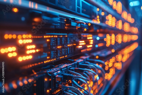 High tech data center with glowing cables and network equipment, showcasing advanced technology and connectivity. vibrant lights create dynamic atmosphere