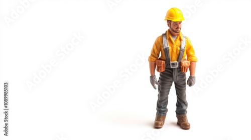 A plastic toy figurine of a construction worker wearing a yellow hard hat and safety gear stands against a white background.
