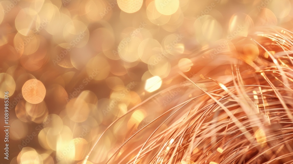Fototapeta premium Copper wires reflect light with sparkling highlights, showcasing their shimmering allure against a soft, golden background