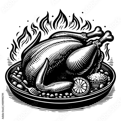 Black and white vintage engraving of a roasted turkey on a platter surrounded, generative ai.