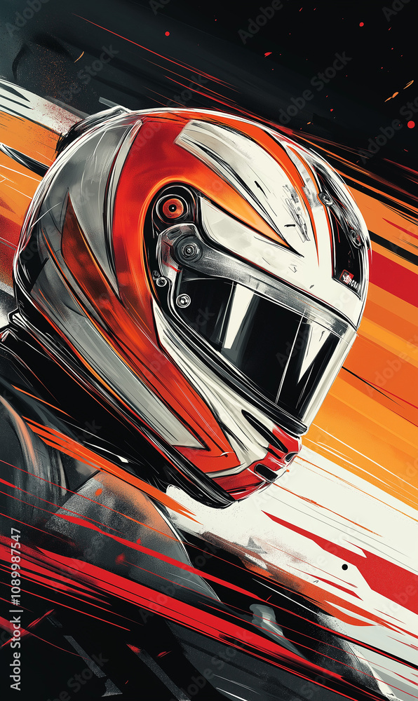Fototapeta premium Racer with Helmet in Speed Tech Style for Motorsport Fan Site