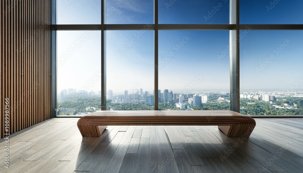 Fototapeta premium Modern bench in minimalist interior with city view. 3D Rendering