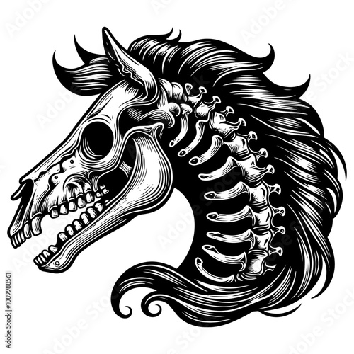 Artistic depiction of a horse skull with flowing mane. Generative ai.