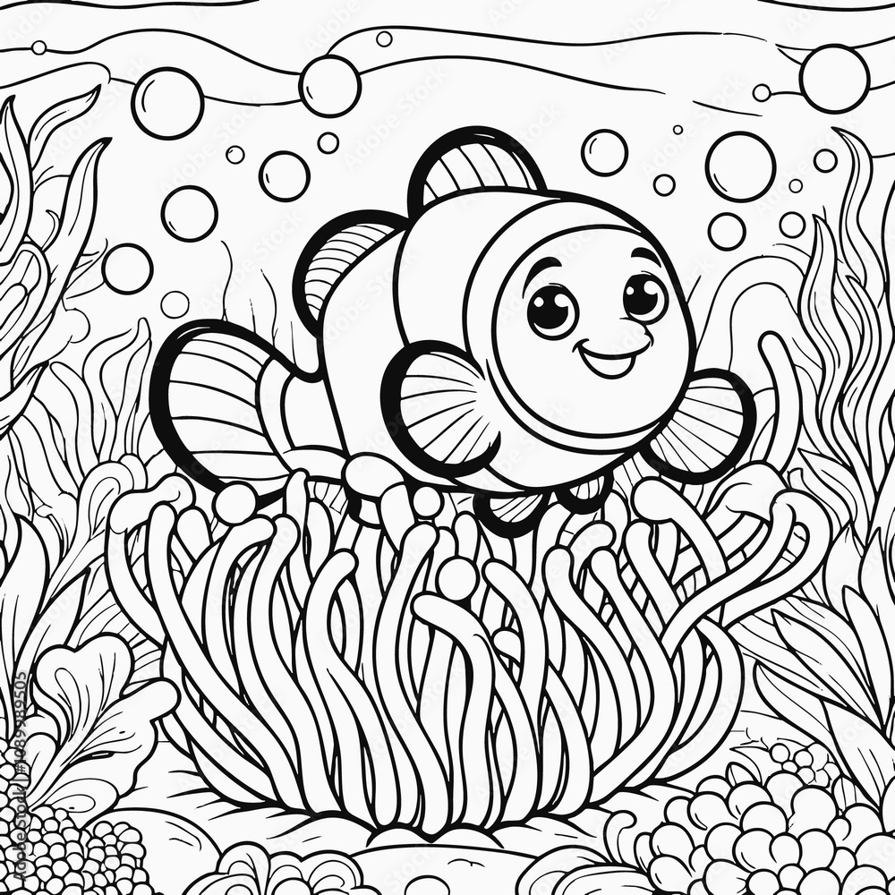 Fototapeta premium Clownfish in the ocean colouring book 