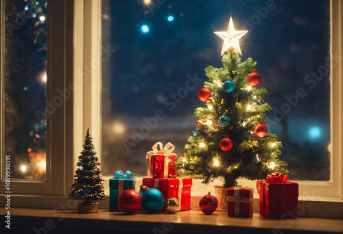 Christmas tree decorated with toys and star on the window