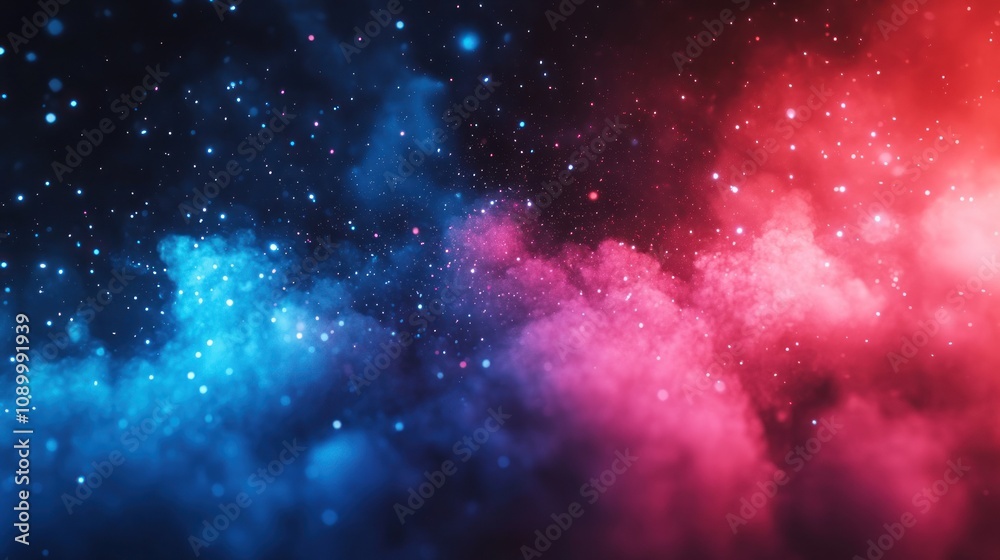 Obraz premium Abstract cosmic nebula with red and blue smoke and glowing stars.