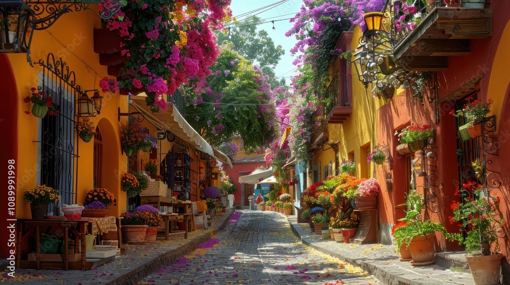 Fototapeta premium A vibrant, flower-filled street showcasing colorful architecture.