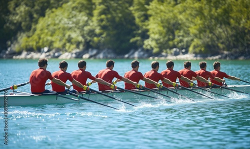 Rowing team in synchronized motion on water, eight athletes in red uniforms, oars in unison, scenic background of trees and water