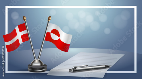 Denmark and Greenland National flags on small table with bokeh background, cooperative relationship